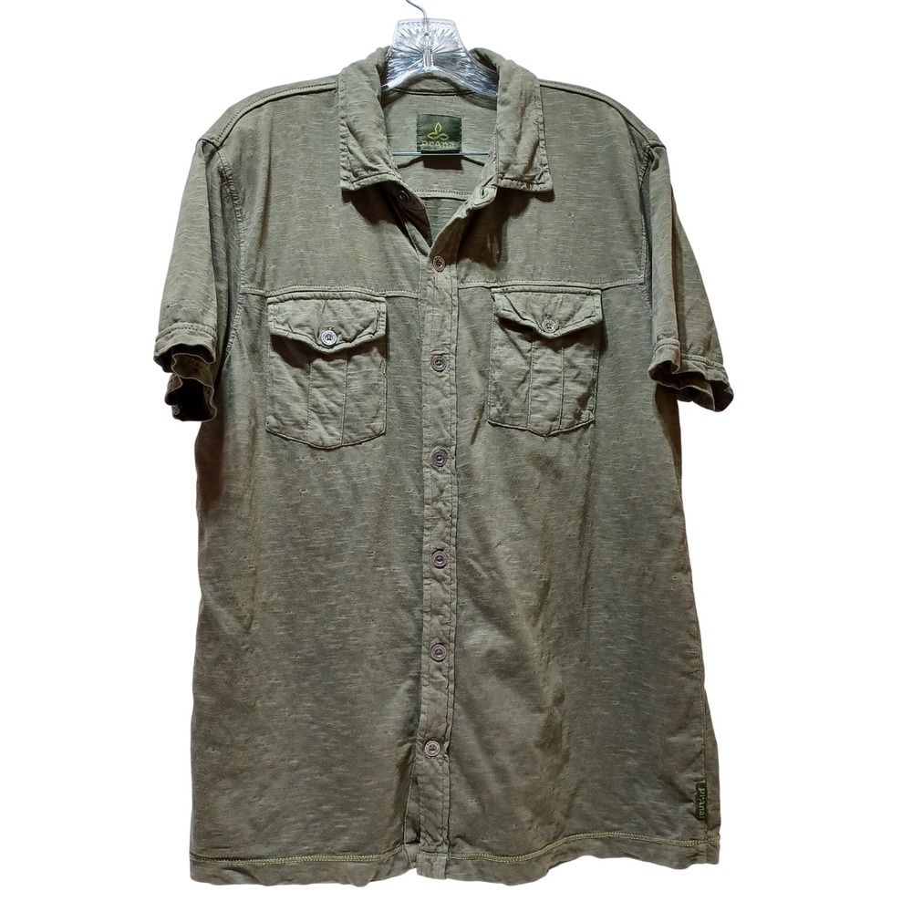 prAna Organic Cotton Shirt Mens M Green Hiking Travel Outdoors Earthy Gorpcore